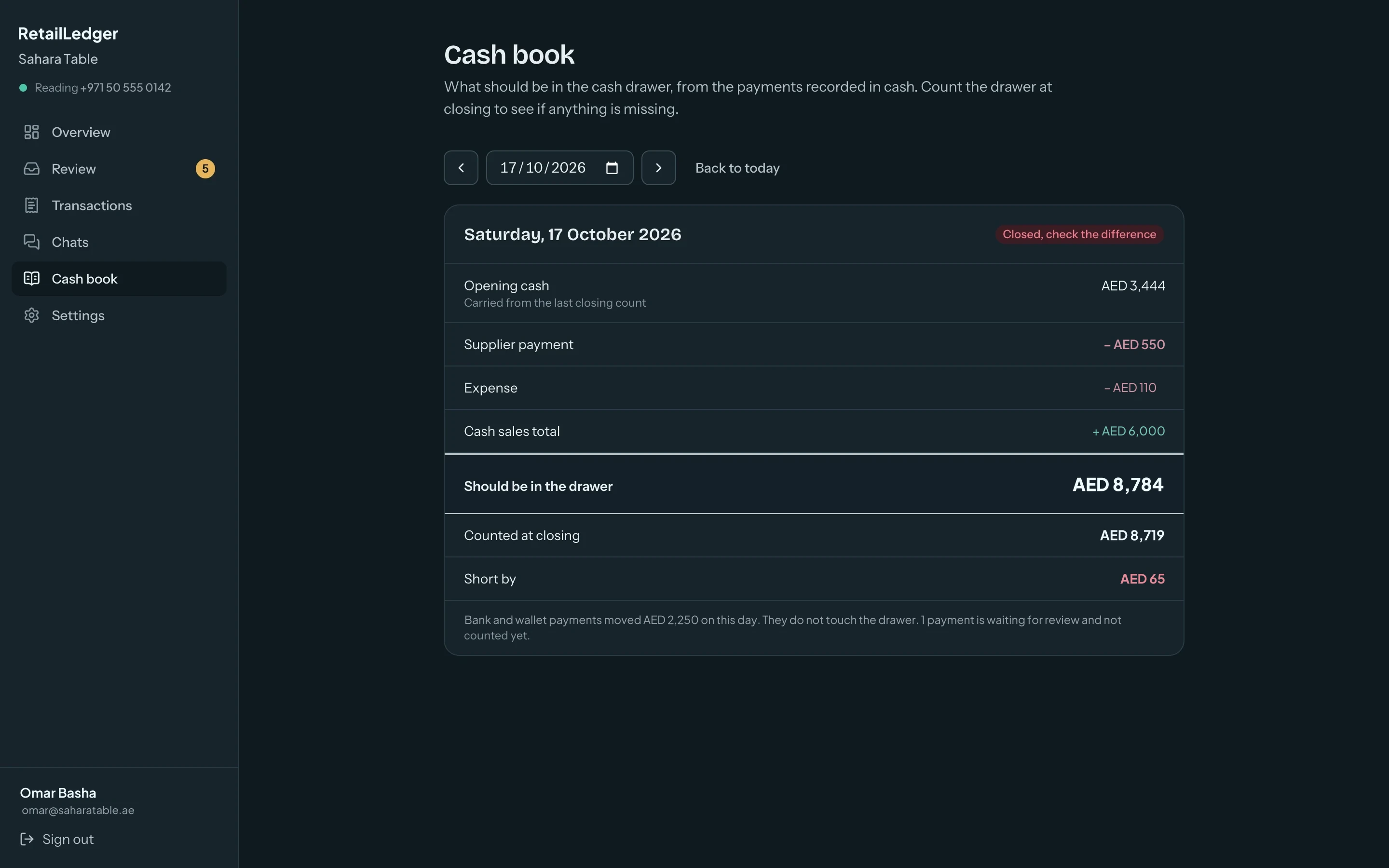 RetailLedger cash book with opening cash, cash in, cash out, expected and counted cash for each day