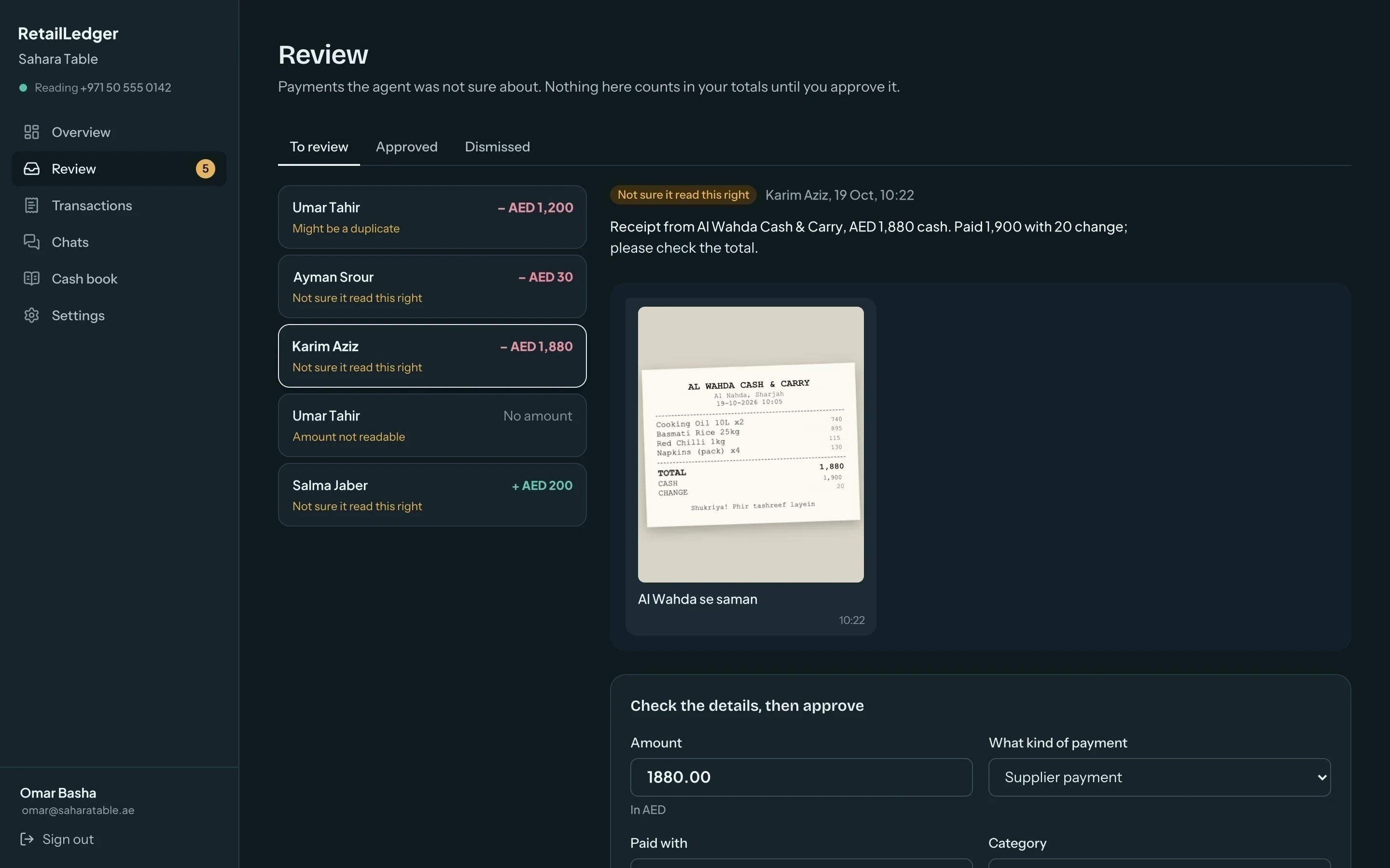 RetailLedger review queue showing a receipt image beside the editable payment details