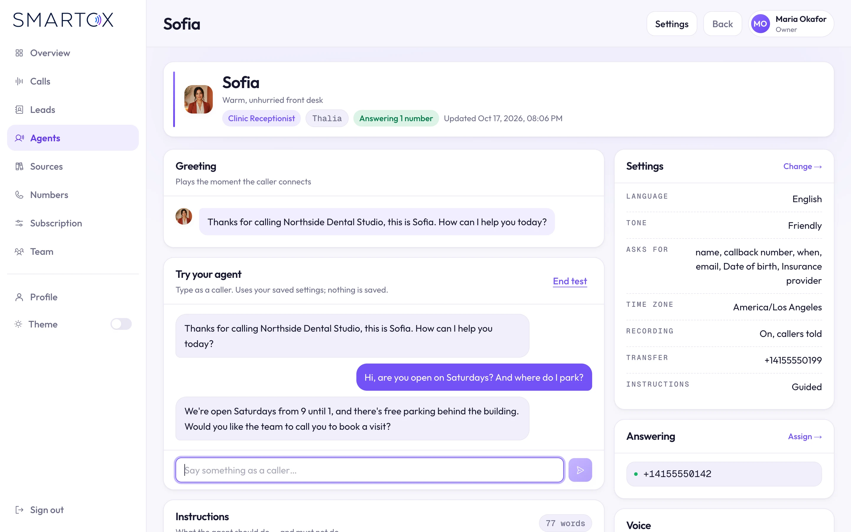 Smartox receptionist settings with greeting, a test conversation and settings for tone, questions, recording and transfer